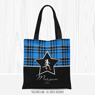 Personalized Plaid and Silver Star Soccer Tote Bag - Golly Girls