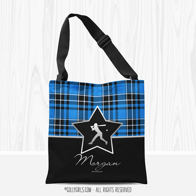 Personalized Plaid and Silver Star Softball Tote Bag - Golly Girls