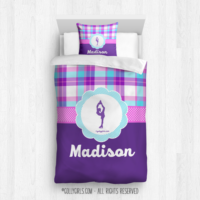 Golly Girls: Personalized Figure Skating Purple Plaid Comforter Or Set