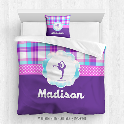 Golly Girls: Personalized Gymnastics Purple Plaid Comforter Or Set