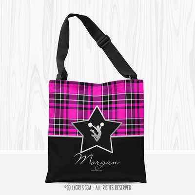 Personalized Plaid and Silver Star Cheerleading Tote Bag - Golly Girls