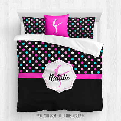 Golly Girls: Personalized Black and Pink Polka-Dots Gymnastics Comforter Or Set