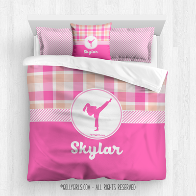 Sweet Peach Plaid Karate Personalized Comforter Or Set - Golly Girls