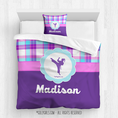 Golly Girls: Personalized Martial Arts Purple Plaid Comforter Or Set