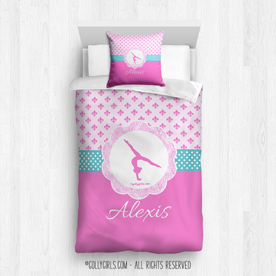 Golly Girls: Personalized Pink Fleur-De-Lis and Polka-Dots Gymnastics Comforter Or Set