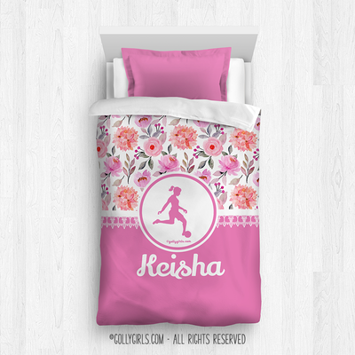 Golly Girls: Pink Summer Floral Personalized Soccer Comforter Or Set