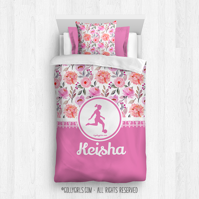 Golly Girls: Pink Summer Floral Personalized Soccer Comforter Or Set