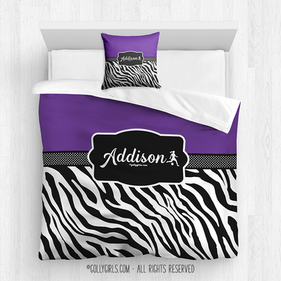 Golly Girls: Personalized Zebra Stripes Purple Soccer Comforter Or Set