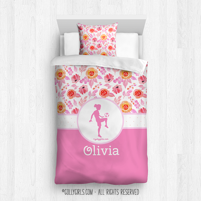Orange and Pink Sweet Floral Soccer Personalized Comforter Or Set - Golly Girls