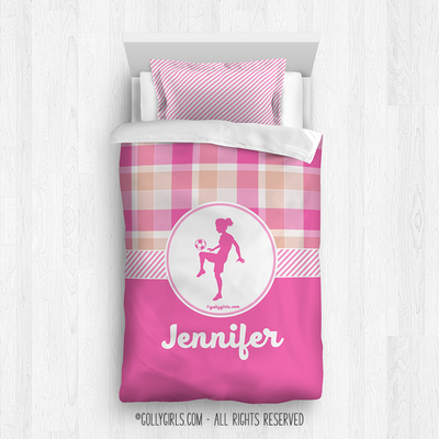 Sweet Peach Plaid Soccer Personalized Comforter Or Set - Golly Girls