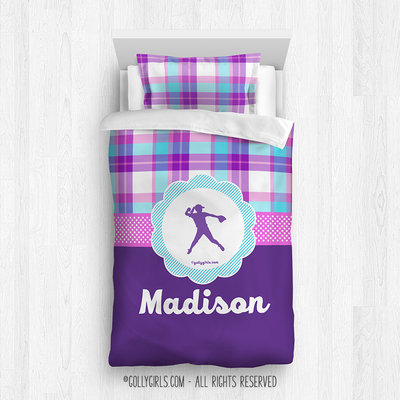 Golly Girls: Personalized Softball Purple Plaid Comforter Or Set