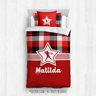 Red and Black Plaid Softball Personalized Comforter Or Set - Golly Girls