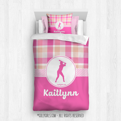 Sweet Peach Plaid Softball Personalized Comforter Or Set - Golly Girls
